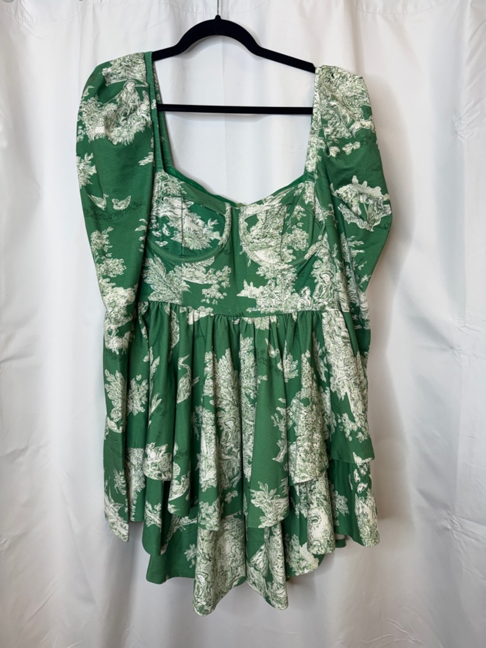 Selkie Green and Cream Long Sleeve Puff-Sleeve Mini Dress - Picture 4 of 8